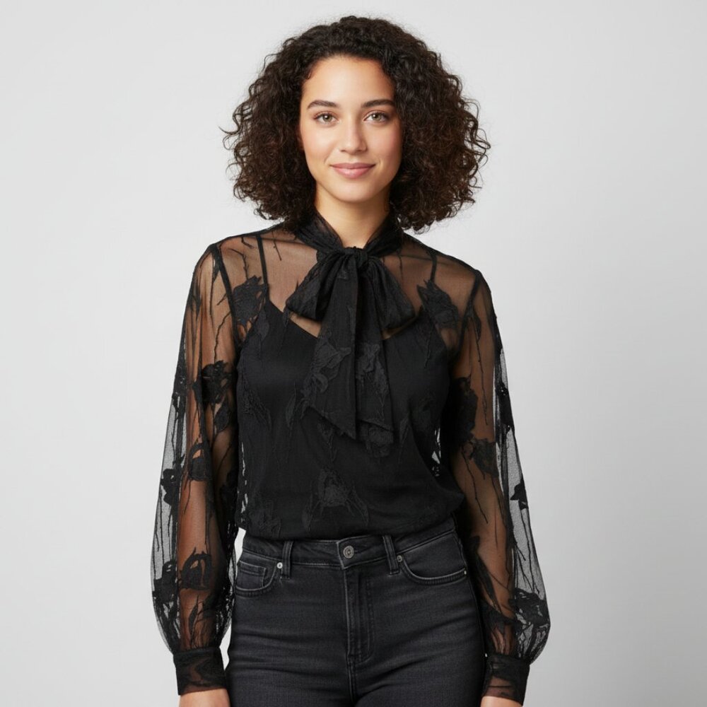 Blugirl Blumarine Embroidered tulle Black Lace Blouse Sheer Floral 48/12 NWT